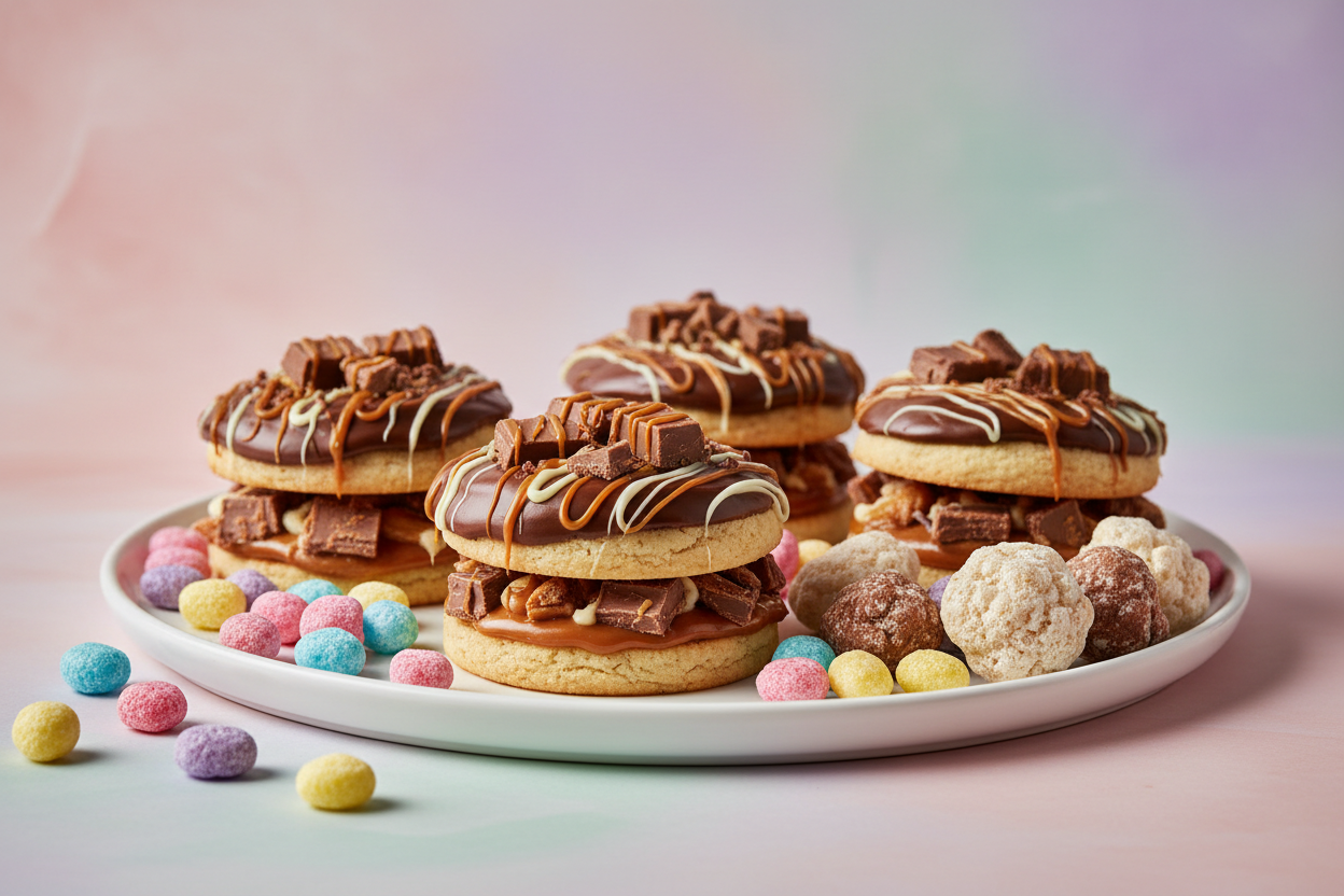 Chocolate Twix layer cookies and freeze dried candy pretty background 